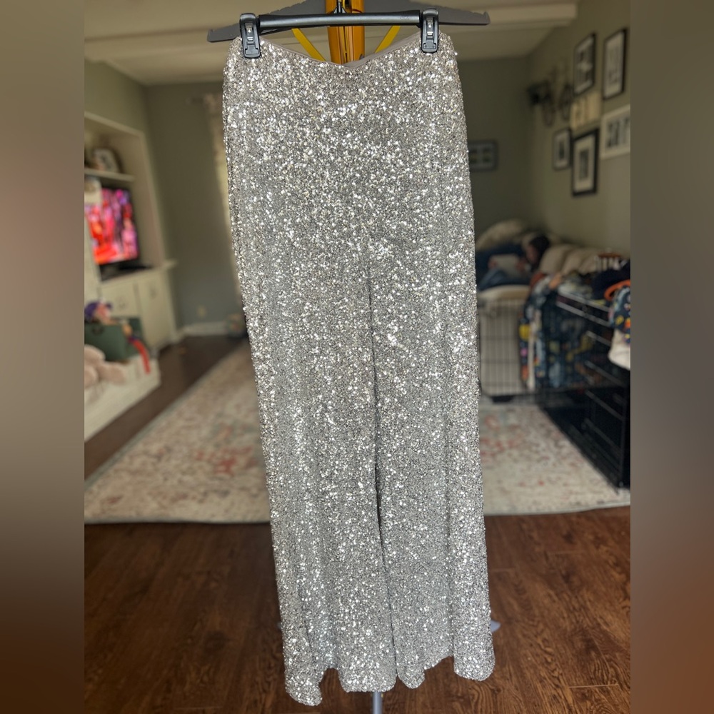 Express Silver Sequin Boot Cut Pants - image 1